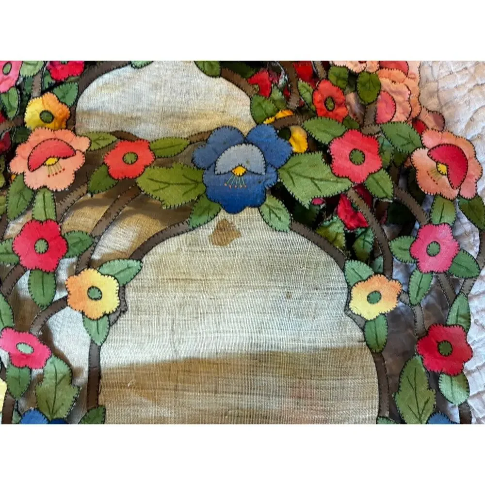 Vintage Floral Applique Linen Placemats Set of 8 Hand Embroidered Cutwork